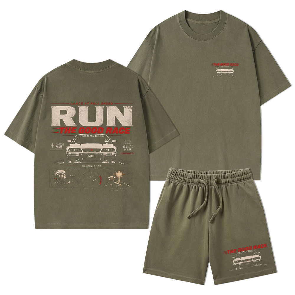 The Good Race Jesus Leads The Way Christian Washed T-Shirt & Shorts