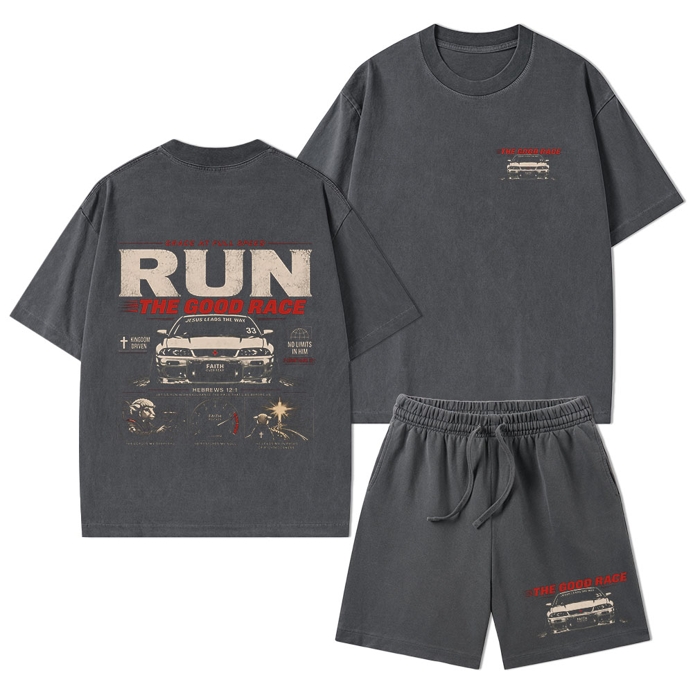 The Good Race Jesus Leads The Way Christian Washed T-Shirt & Shorts