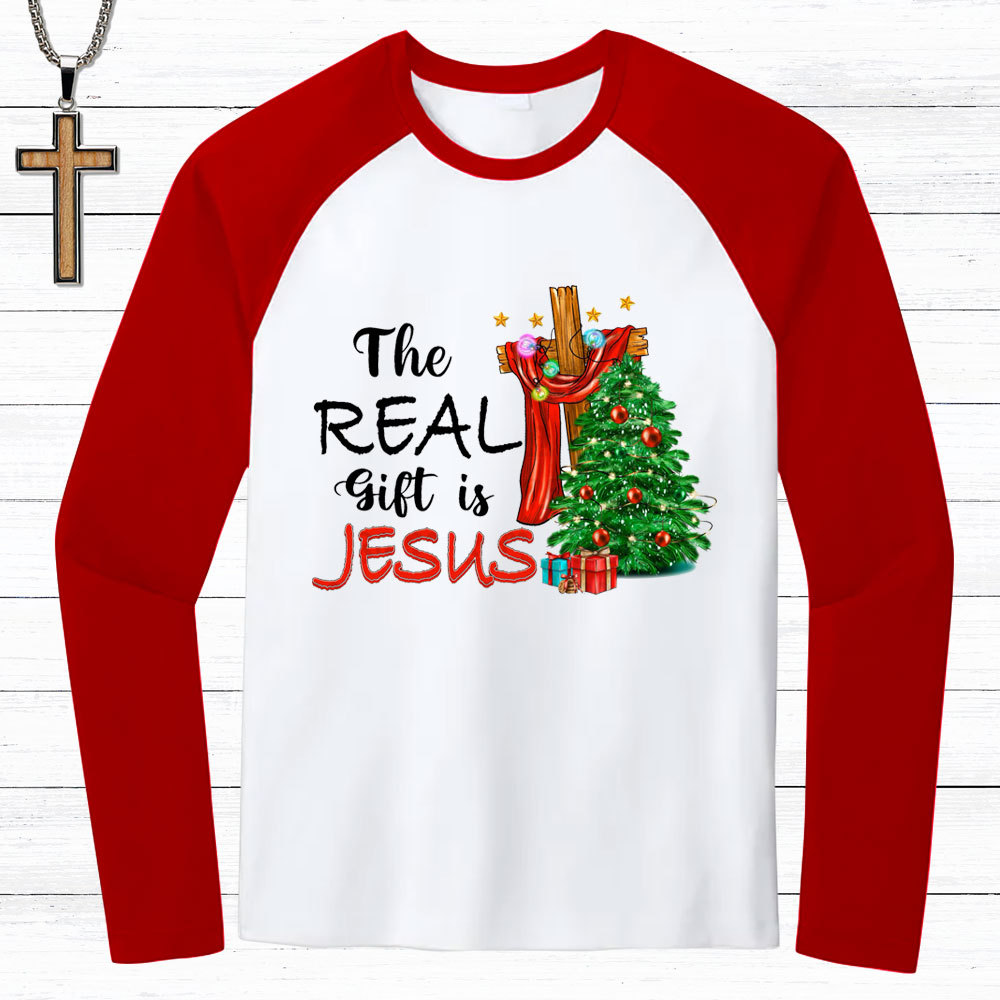 The Real Gift Is Jesus Christian Raglan Long Sleeve T-Shirt