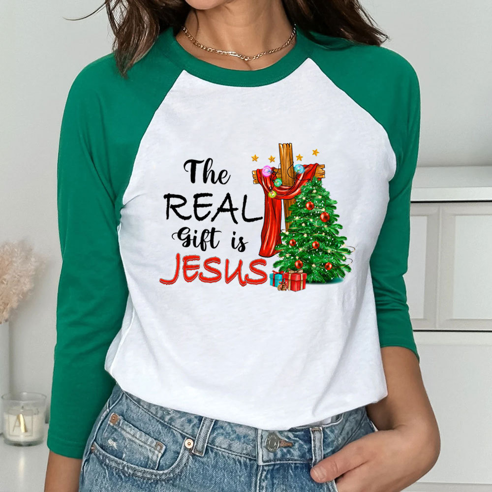 The Real Gift Is Jesus Christian Raglan Long Sleeve T-Shirt