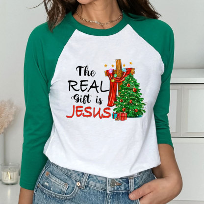 The Real Gift Is Jesus Christian Raglan Long Sleeve T-Shirt