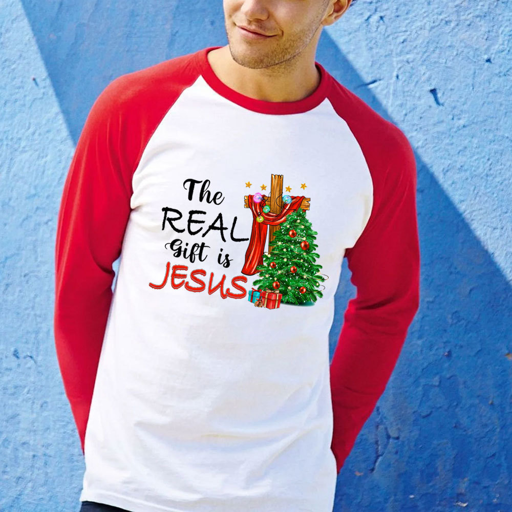 The Real Gift Is Jesus Christian Raglan Long Sleeve T-Shirt