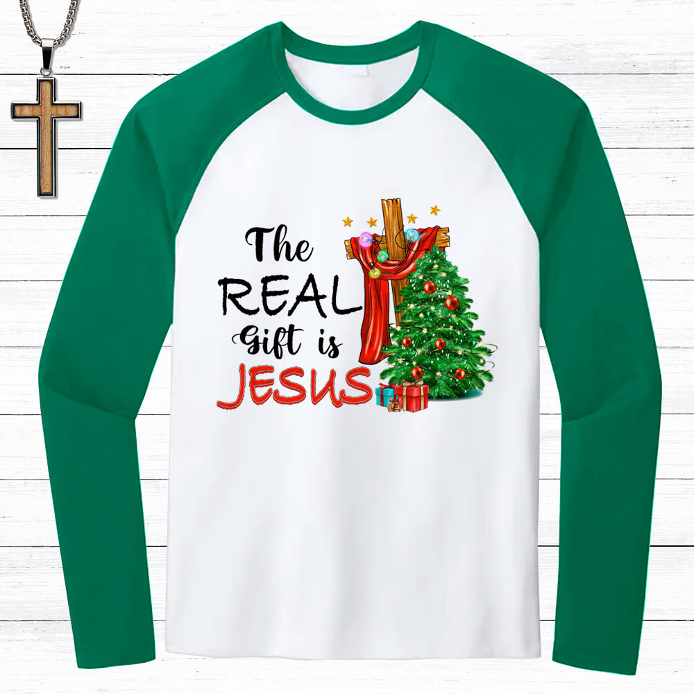The Real Gift Is Jesus Christian Raglan Long Sleeve T-Shirt