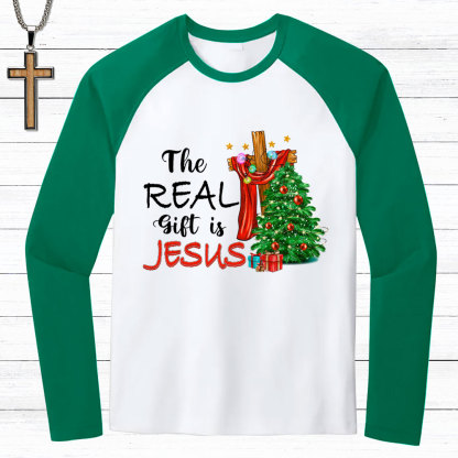 The Real Gift Is Jesus Christian Raglan Long Sleeve T-Shirt
