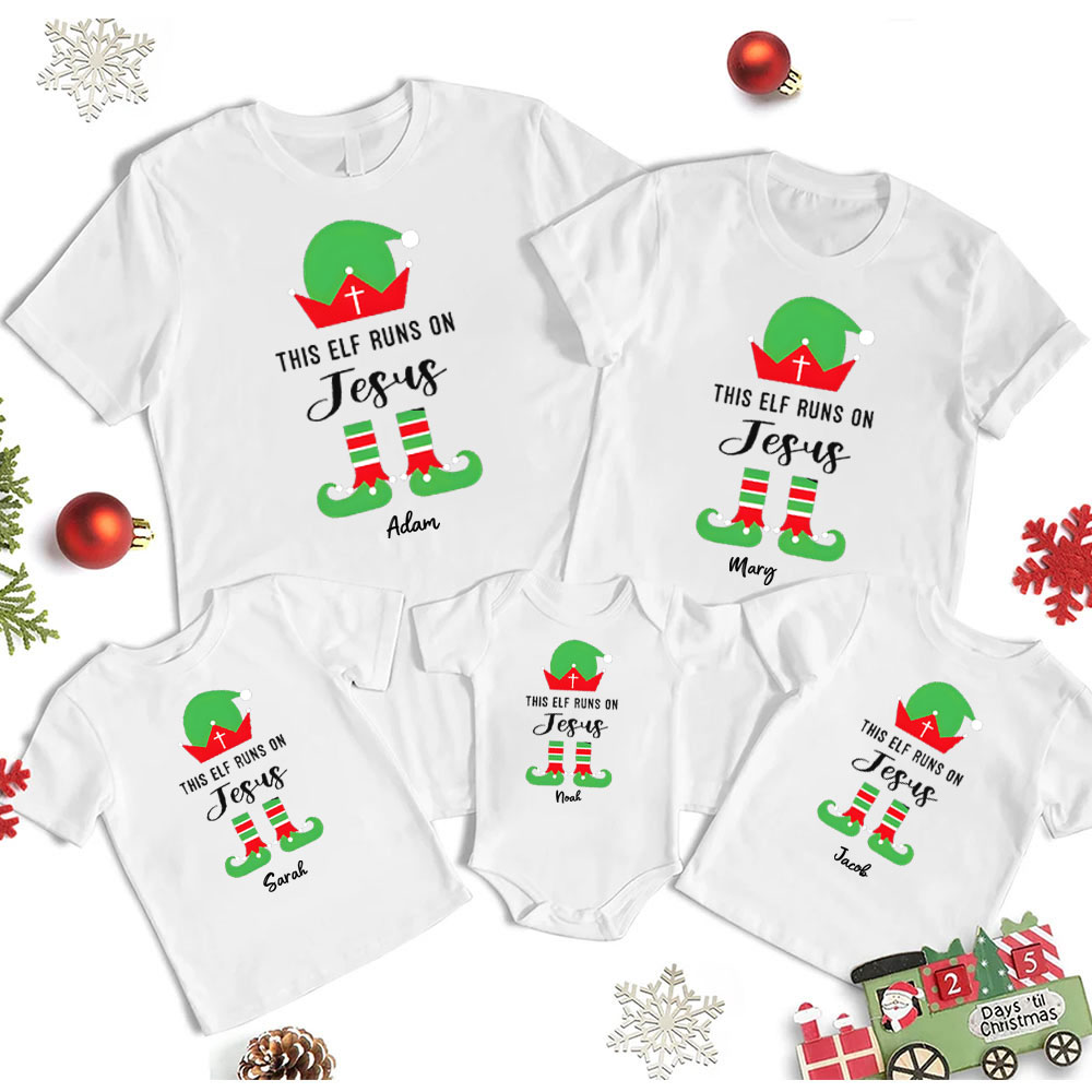 Personalized This Elf Runs On Jesus Christmas Family Matching Shirts