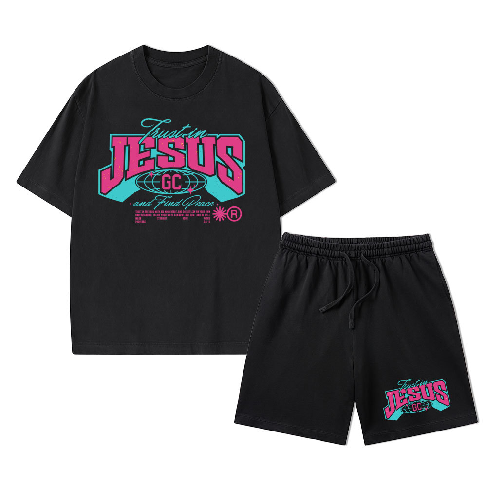 Trust In Jesus Christian Washed T-Shirt & Shorts