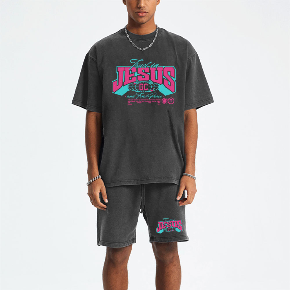Trust In Jesus Christian Washed T-Shirt & Shorts