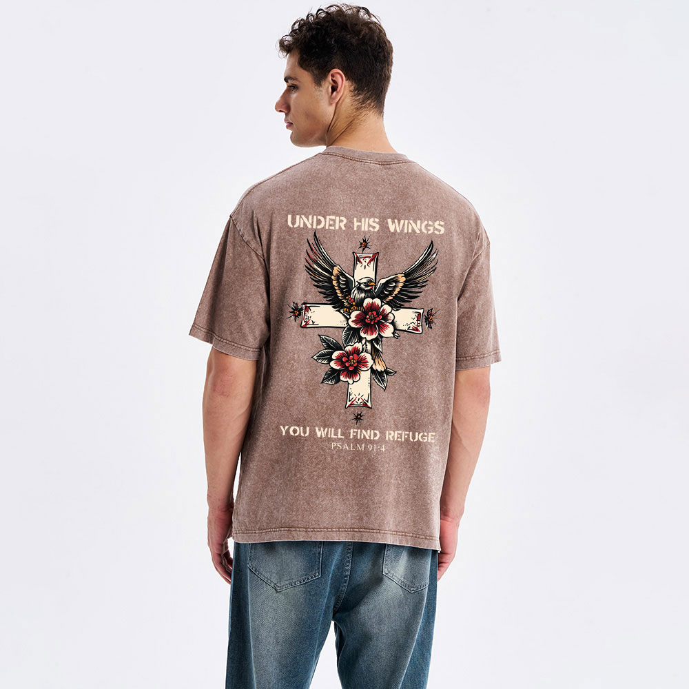 Under His Wings You Will Find Refuge Christian Washed T-Shirt