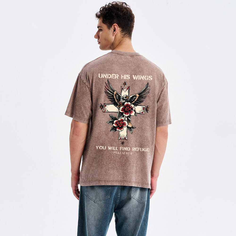 Under His Wings You Will Find Refuge Christian Washed T-Shirt