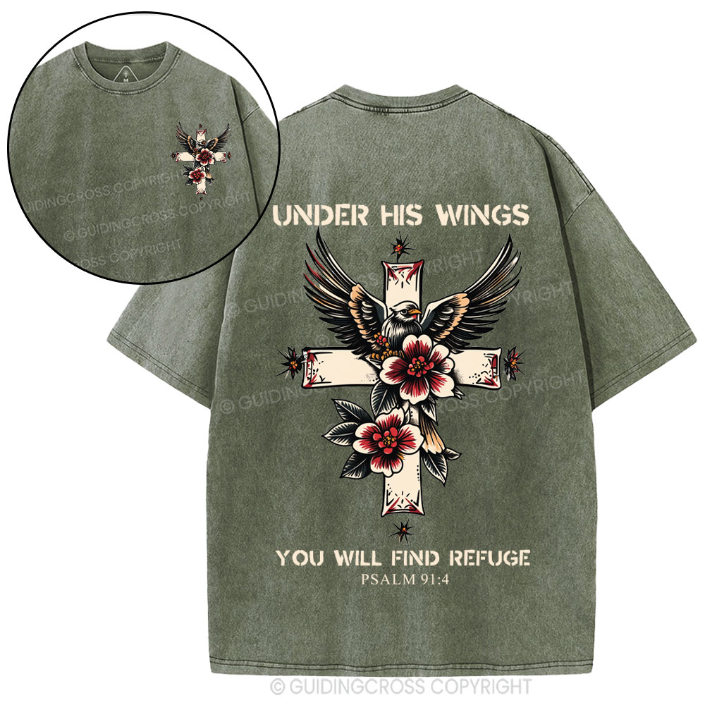 Under His Wings You Will Find Refuge Christian Washed T-Shirt