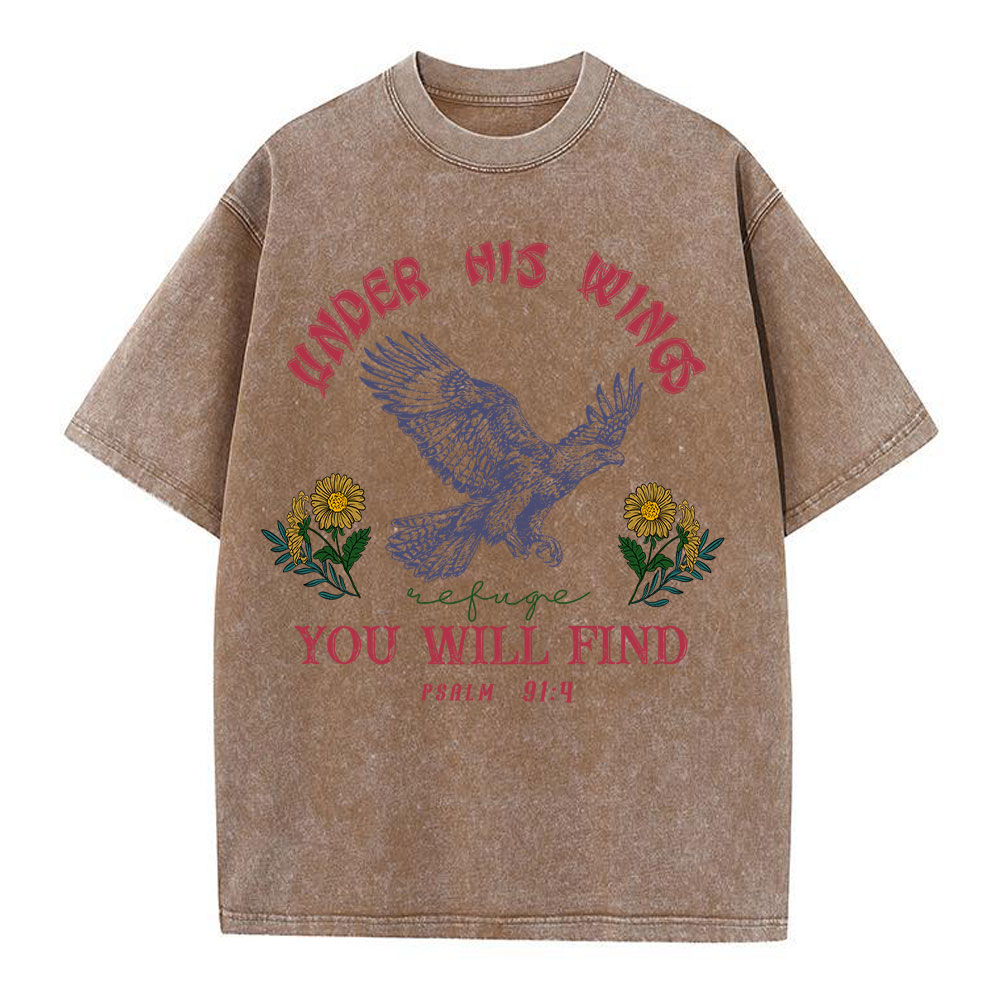 Under His Wings You Will Find Refuge Christian Washed T-Shirt