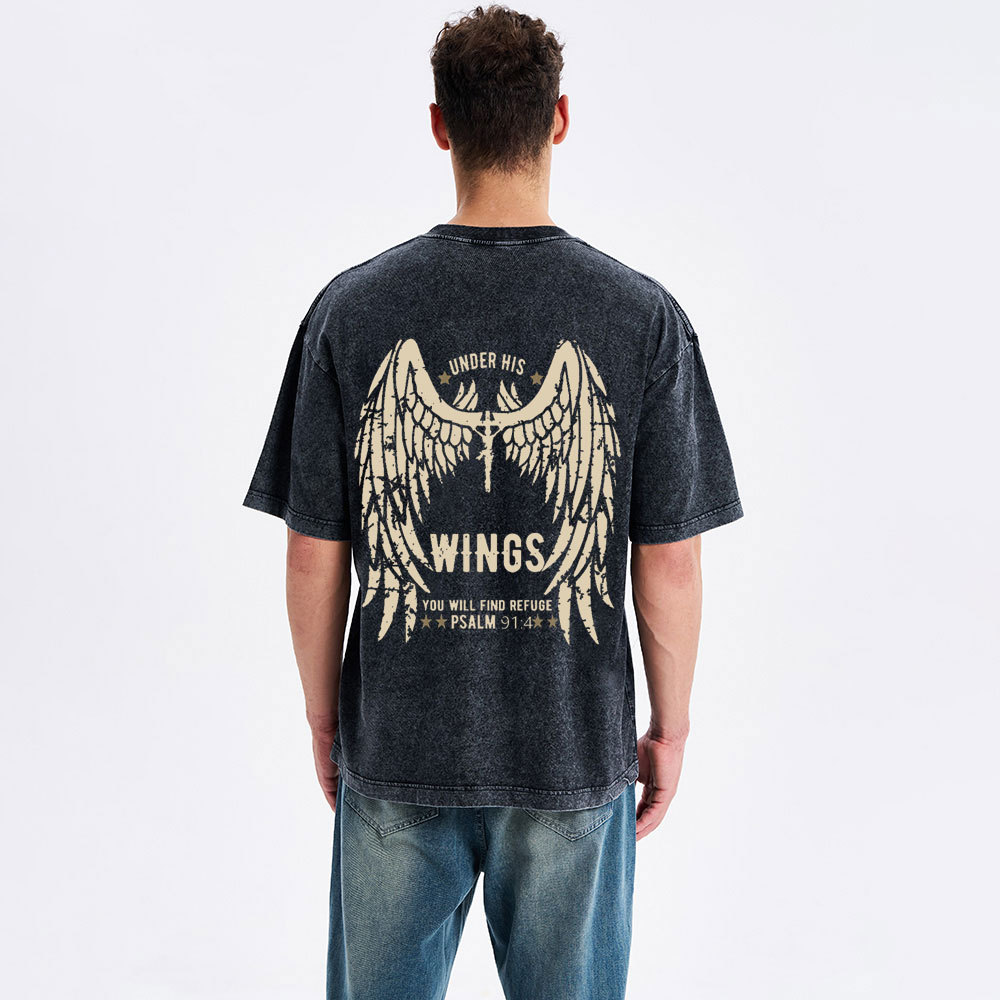 Under His Wings You Will Find Refuge Christian Washed T-Shirt