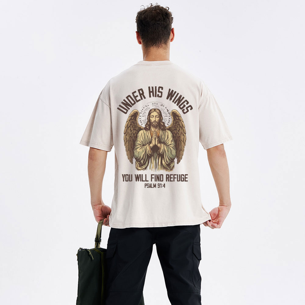 Under His Wings You Will Find Refuge Christian Washed T-Shirt