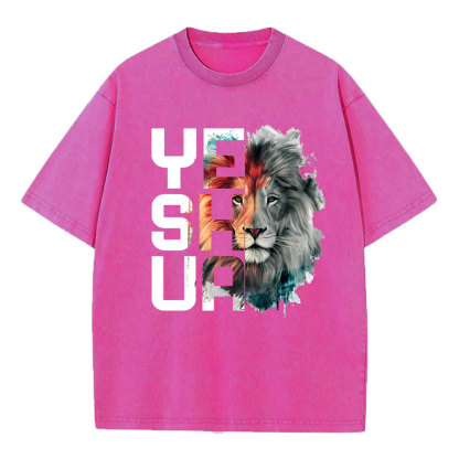 Watercolor Lion And Yeshua Christian Washed T-Shirt
