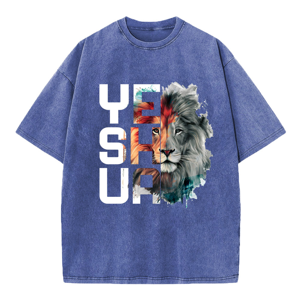 Watercolor Lion And Yeshua Christian Washed T-Shirt
