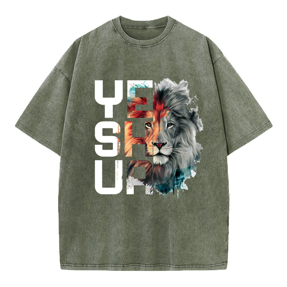 Watercolor Lion And Yeshua Christian Washed T-Shirt