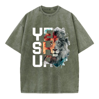 Watercolor Lion And Yeshua Christian Washed T-Shirt