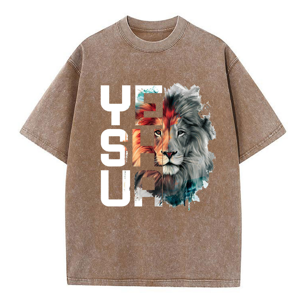 Watercolor Lion And Yeshua Christian Washed T-Shirt