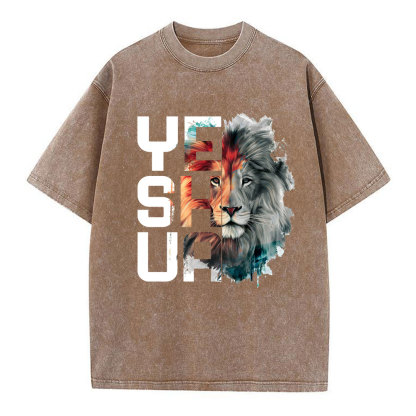 Watercolor Lion And Yeshua Christian Washed T-Shirt