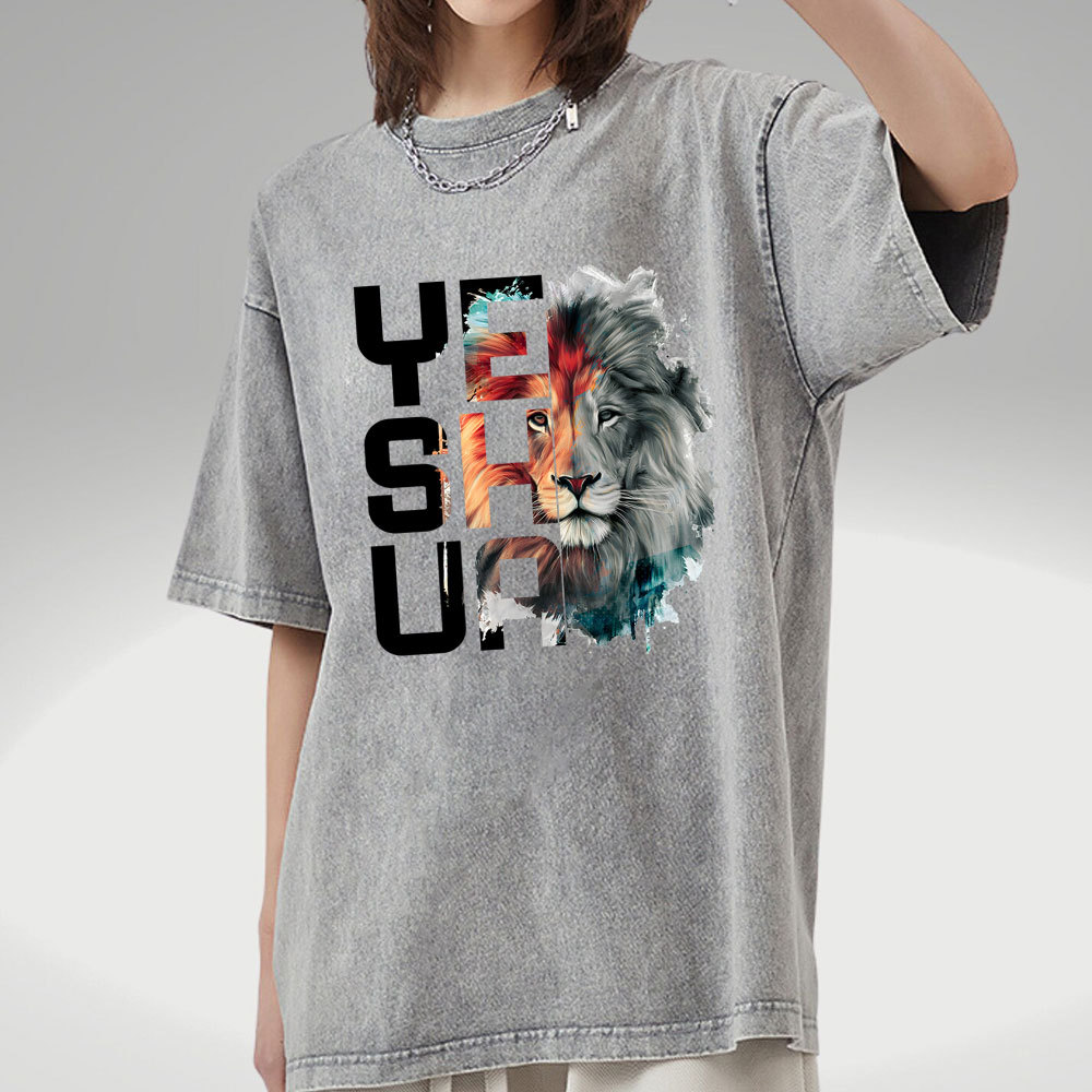 Watercolor Lion And Yeshua Christian Washed T-Shirt