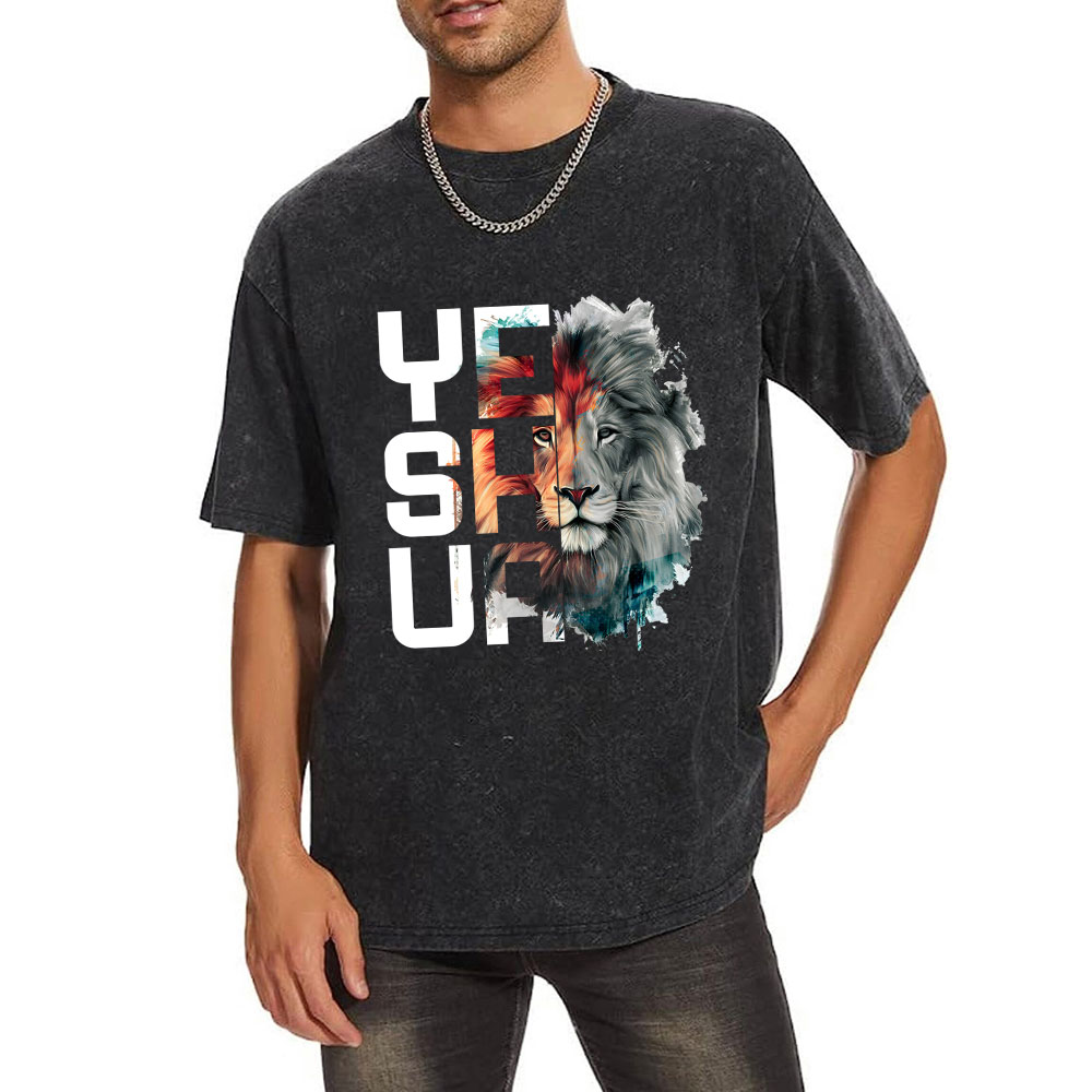 Watercolor Lion And Yeshua Christian Washed T-Shirt