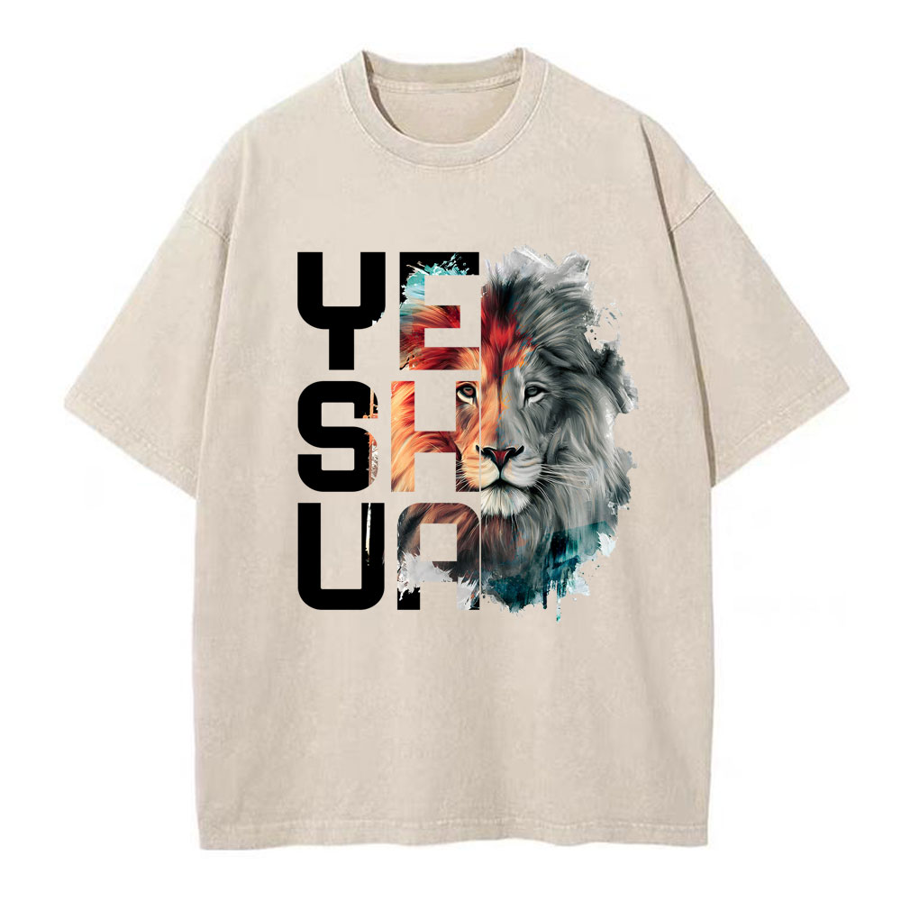 Watercolor Lion And Yeshua Christian Washed T-Shirt