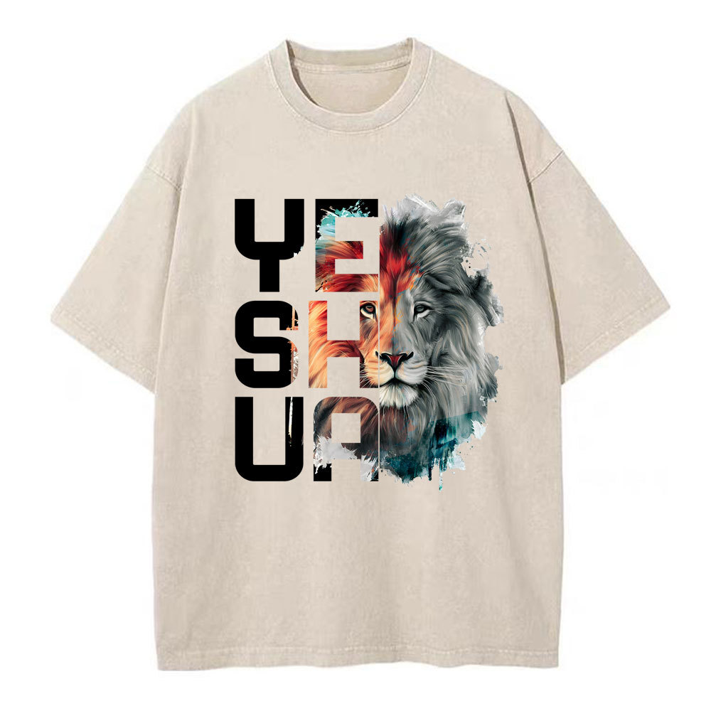 Watercolor Lion And Yeshua Christian Washed T-Shirt