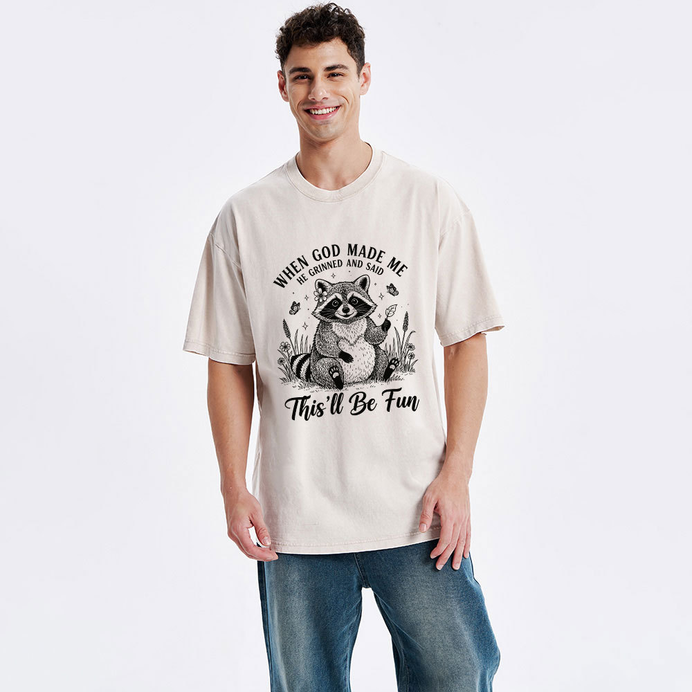 When God Made Me Funny Raccoon Christian Washed T-Shirt