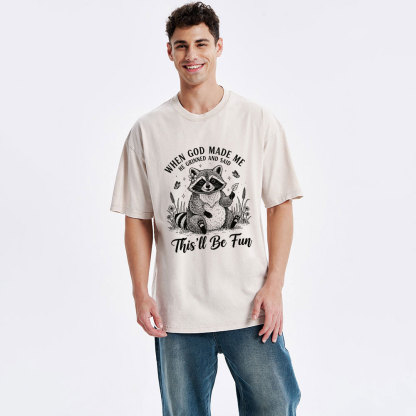 When God Made Me Funny Raccoon Christian Washed T-Shirt