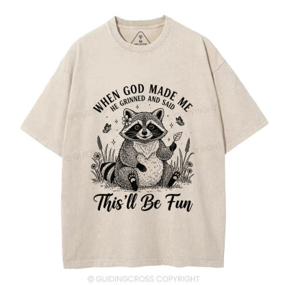 When God Made Me Funny Raccoon Christian Washed T-Shirt