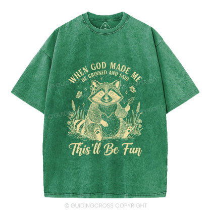 When God Made Me Funny Raccoon Christian Washed T-Shirt