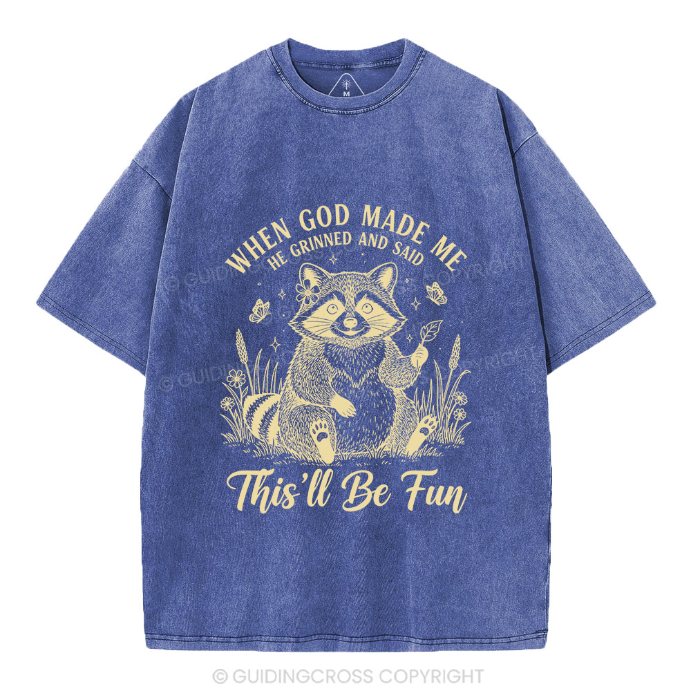 When God Made Me Funny Raccoon Christian Washed T-Shirt