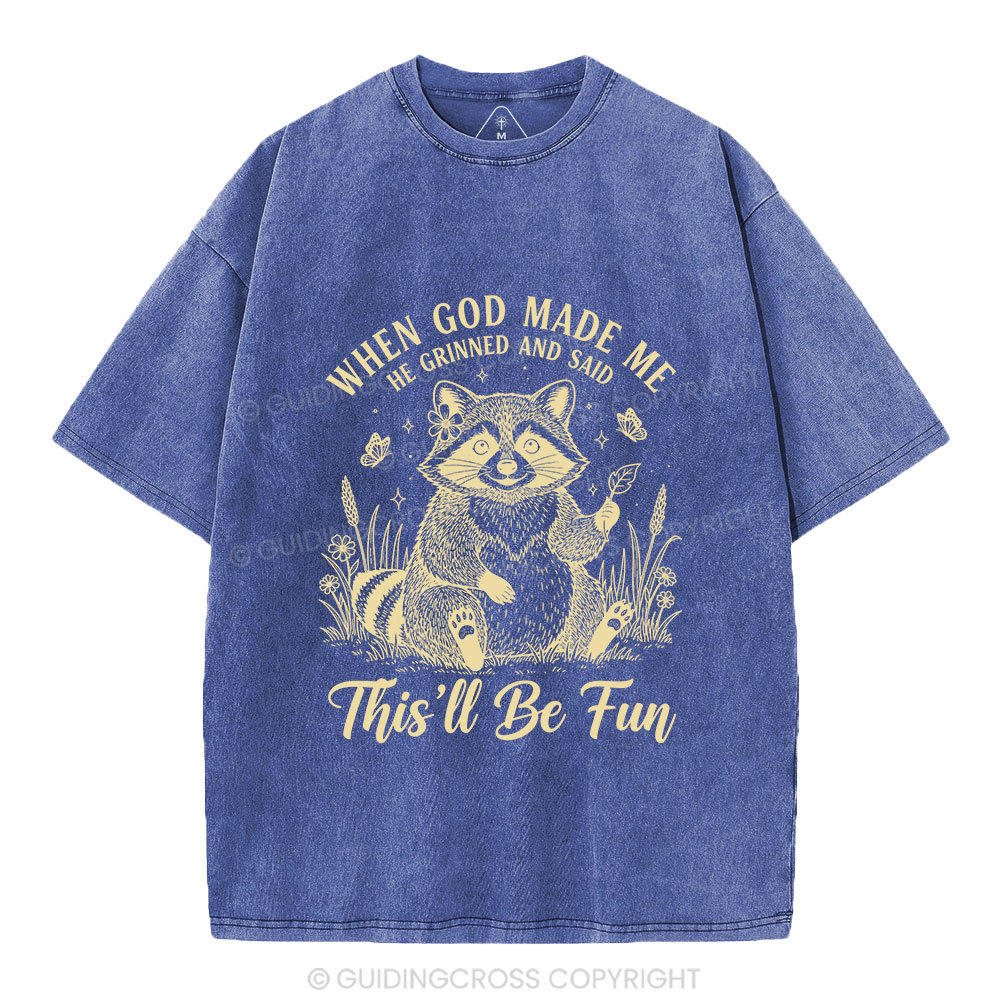 When God Made Me Funny Raccoon Christian Washed T-Shirt
