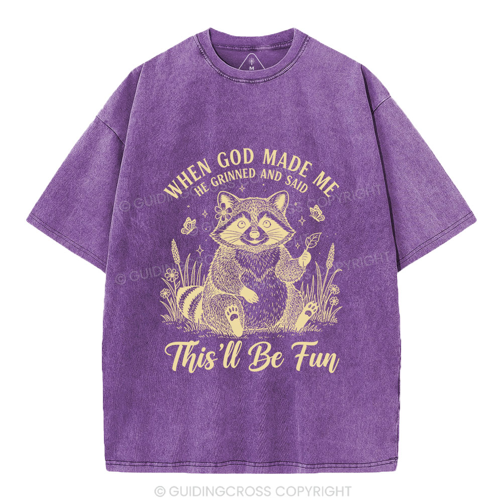 When God Made Me Funny Raccoon Christian Washed T-Shirt