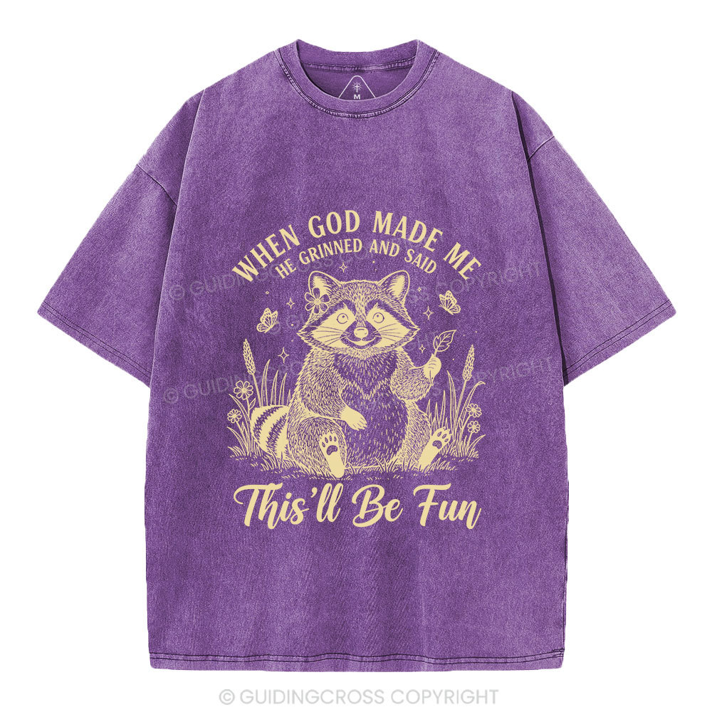 When God Made Me Funny Raccoon Christian Washed T-Shirt