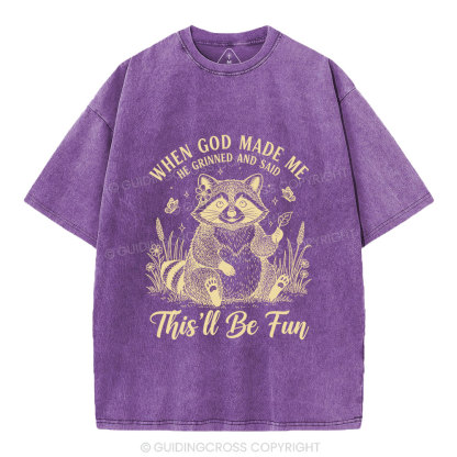 When God Made Me Funny Raccoon Christian Washed T-Shirt