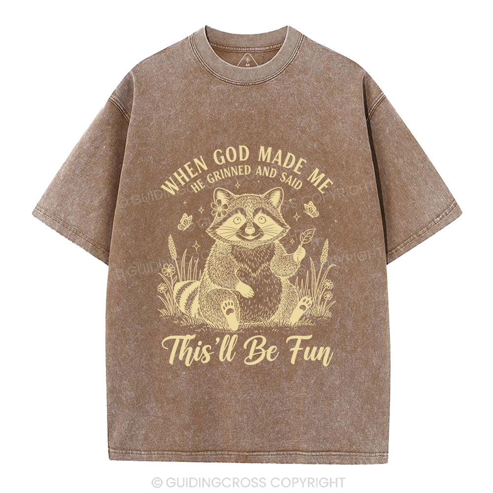 When God Made Me Funny Raccoon Christian Washed T-Shirt