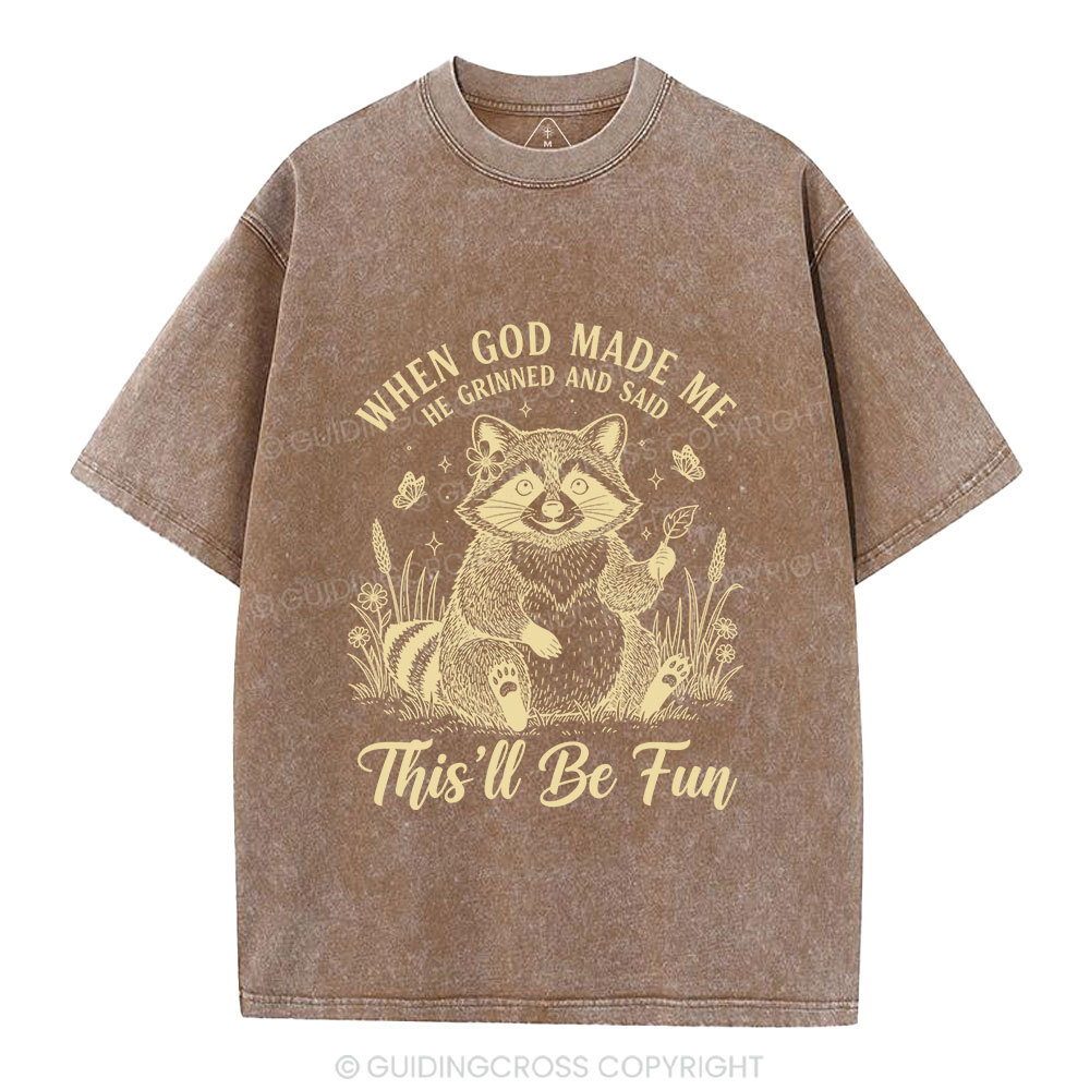 When God Made Me Funny Raccoon Christian Washed T-Shirt