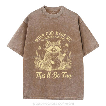 When God Made Me Funny Raccoon Christian Washed T-Shirt