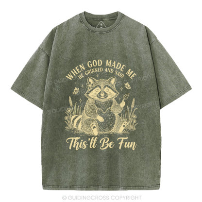 When God Made Me Funny Raccoon Christian Washed T-Shirt