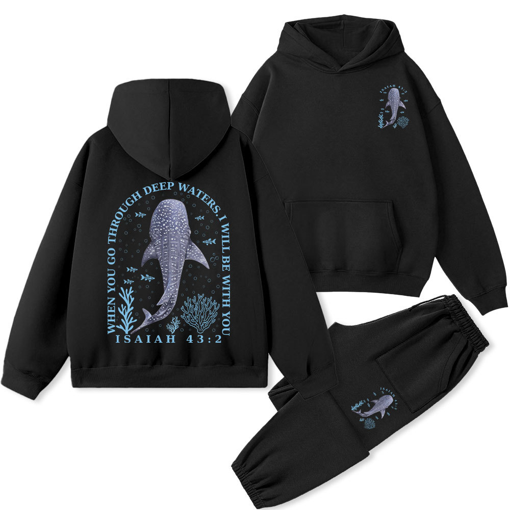 When You Go Through Deep Waters Whale Christian Fleece Hoodie Set
