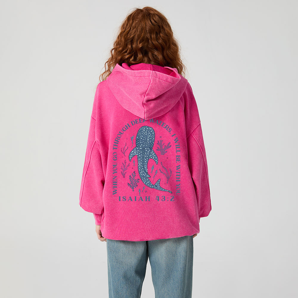 When You Go Through Deep Waters Whale Classic Christian Washed Hoodie