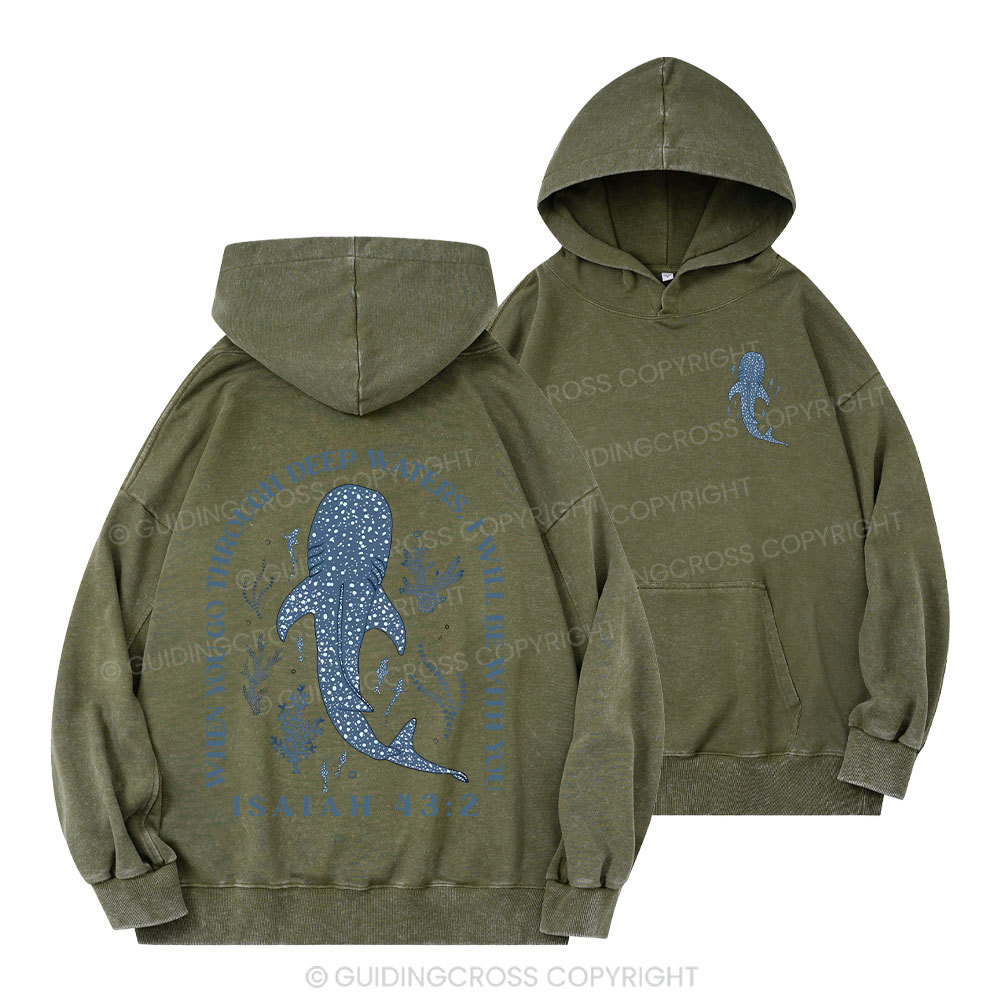When You Go Through Deep Waters Whale Classic Christian Washed Hoodie