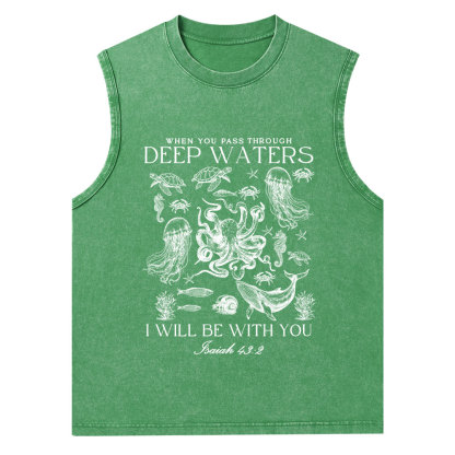 When You Pass Through Deep Waters Christian Washed Tank Top