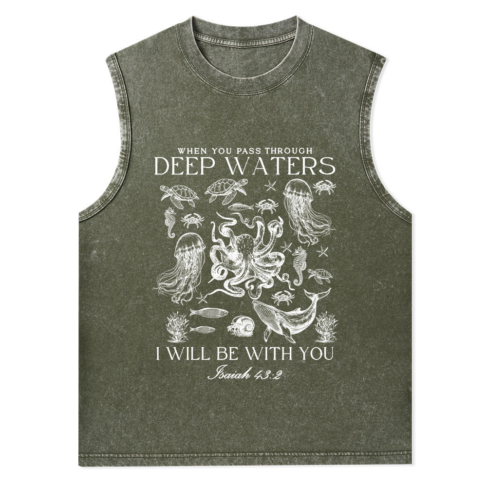 When You Pass Through Deep Waters Christian Washed Tank Top