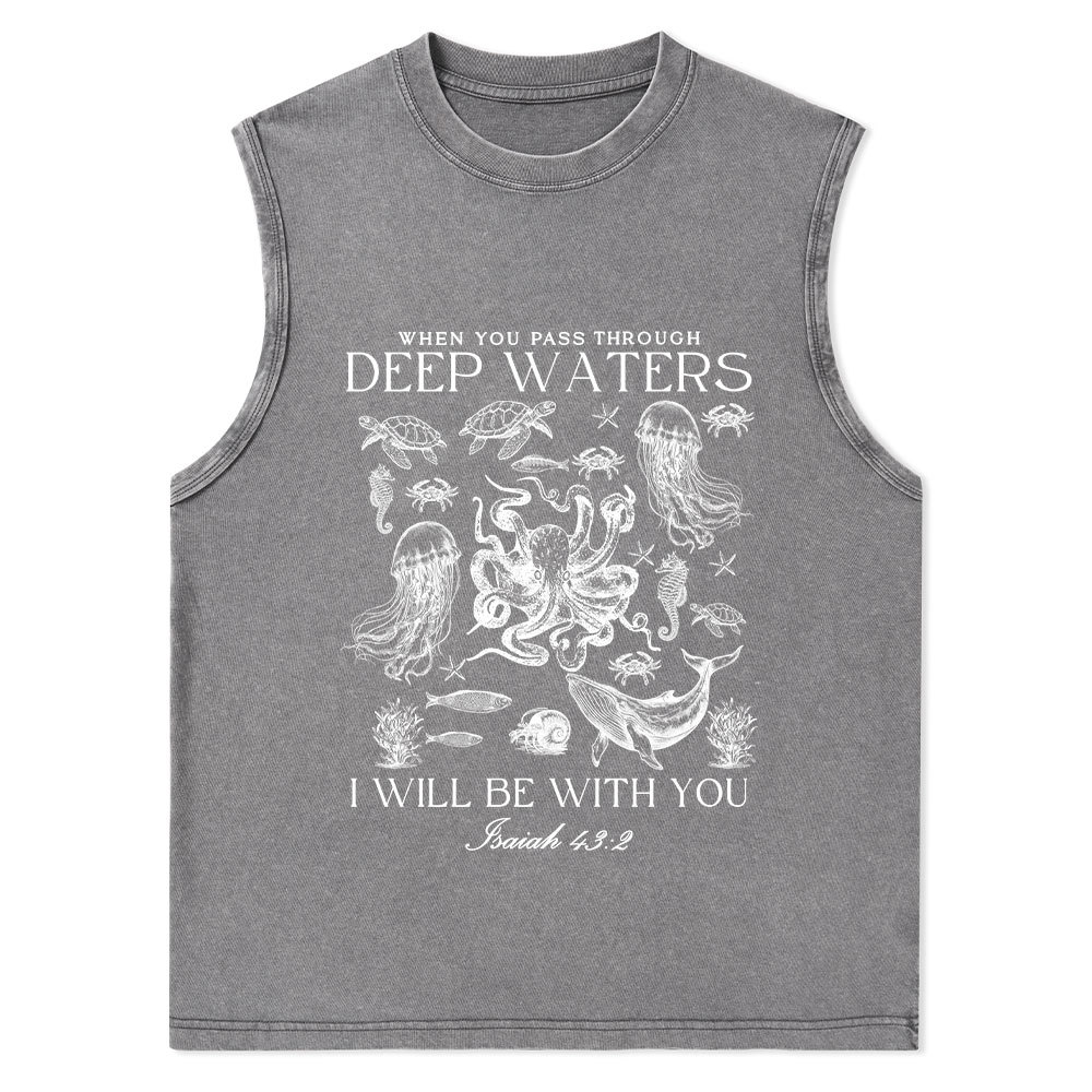 When You Pass Through Deep Waters Christian Washed Tank Top