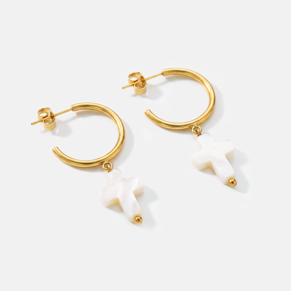 White Cross Hoop Christian Earrings