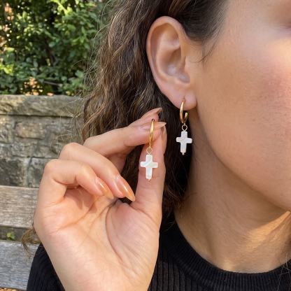 White Cross Hoop Christian Earrings