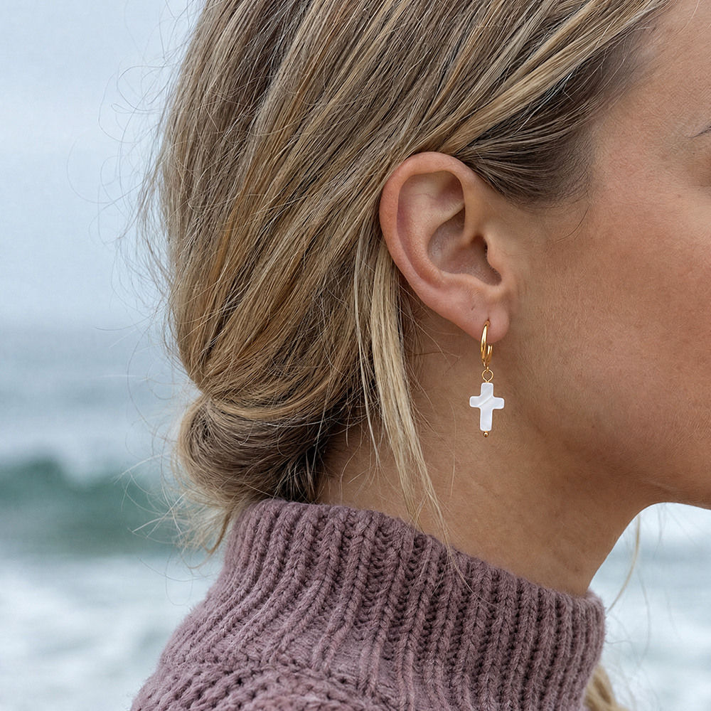 White Cross Hoop Christian Earrings