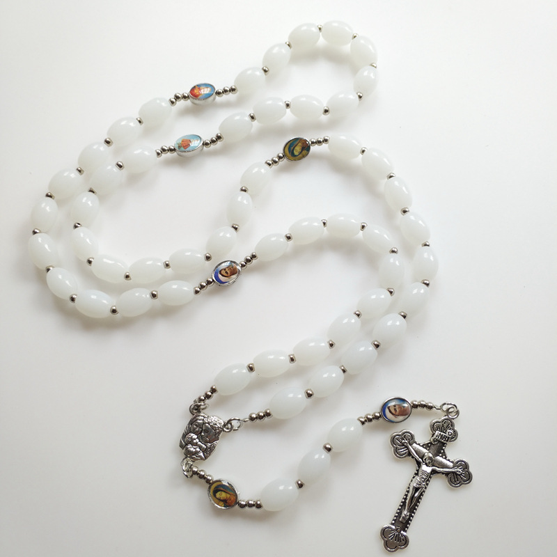 White Glass Olive Bead Cross Pendant Rosary
